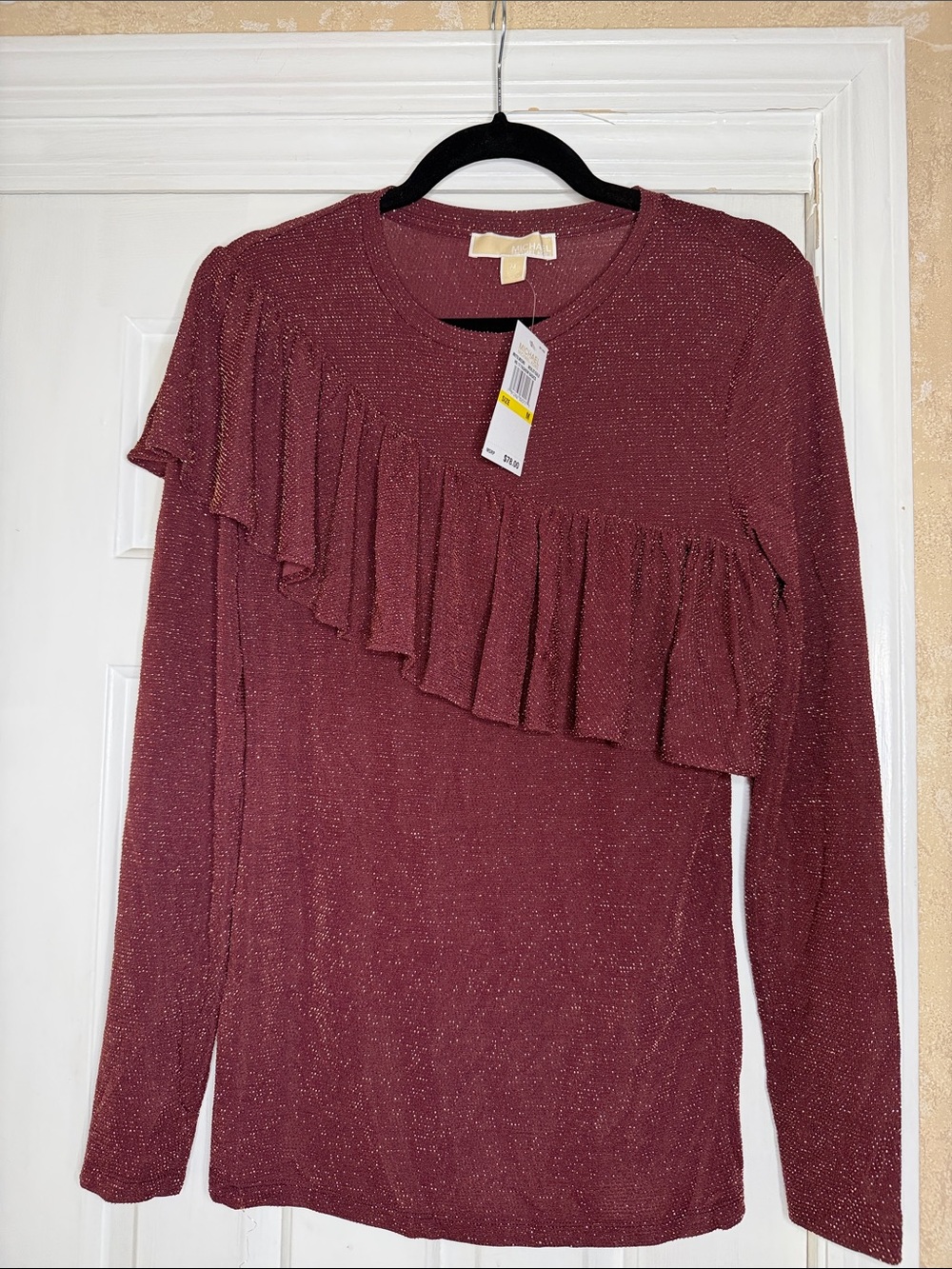 MICHAEL Michael Kors Sparkle Ruffle Long-Sleeve Top - Burgundy